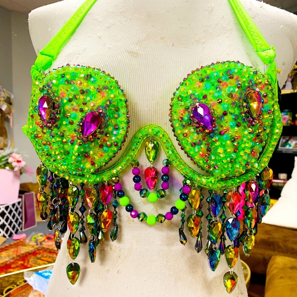 Dolls Kill Neon Green Bejeweled Bra